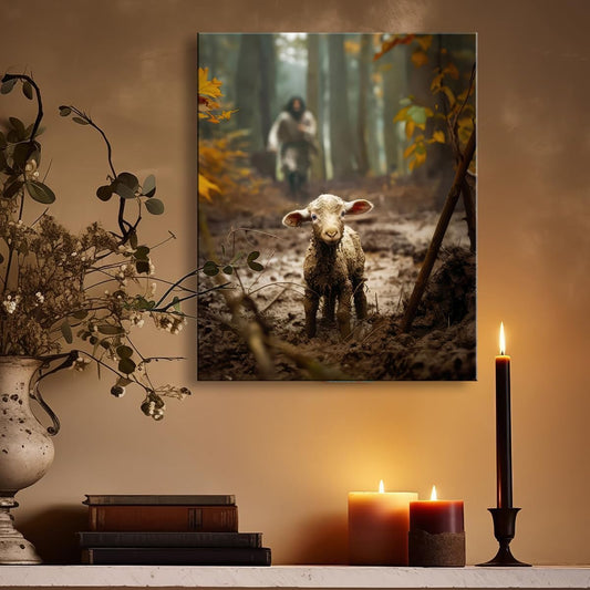 Religious wall decor for prayer room Christian wall art for Christmas decorations indoor Jesus and Lamb canvas wall prints Jesus Running After Lost Lamb Picture for home decor Baptism gifts for boys-girl serenity prayer wall art A-333
