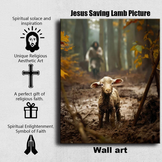 Religious wall decor for prayer room Christian wall art for Christmas decorations indoor Jesus and Lamb canvas wall prints Jesus Running After Lost Lamb Picture for home decor Baptism gifts for boys-girl serenity prayer wall art A-333